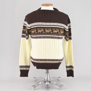 Vintage 70s Brown Cable Knit Ski Sweater with Moose, Men's Small - Medium